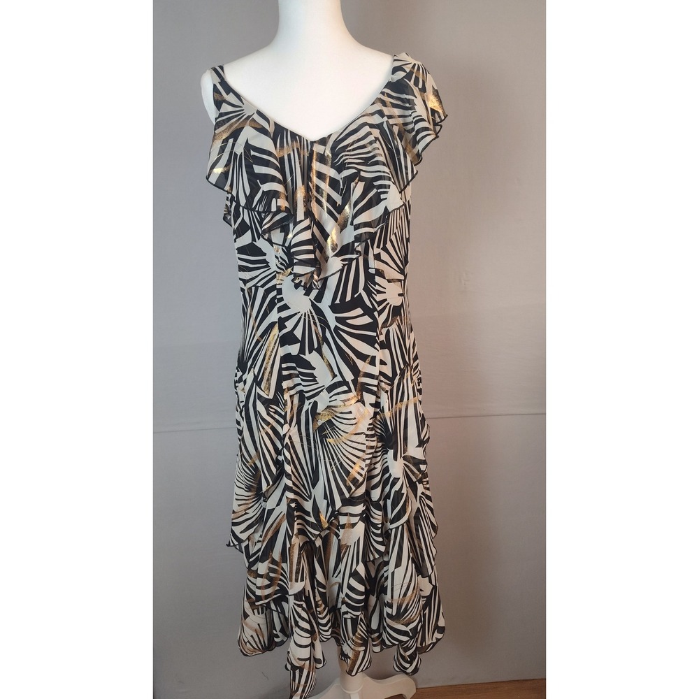 Signature by Robbie Bee‎ Dress 14 Black White Gold Metallic Ruffle Tiered V-Neck